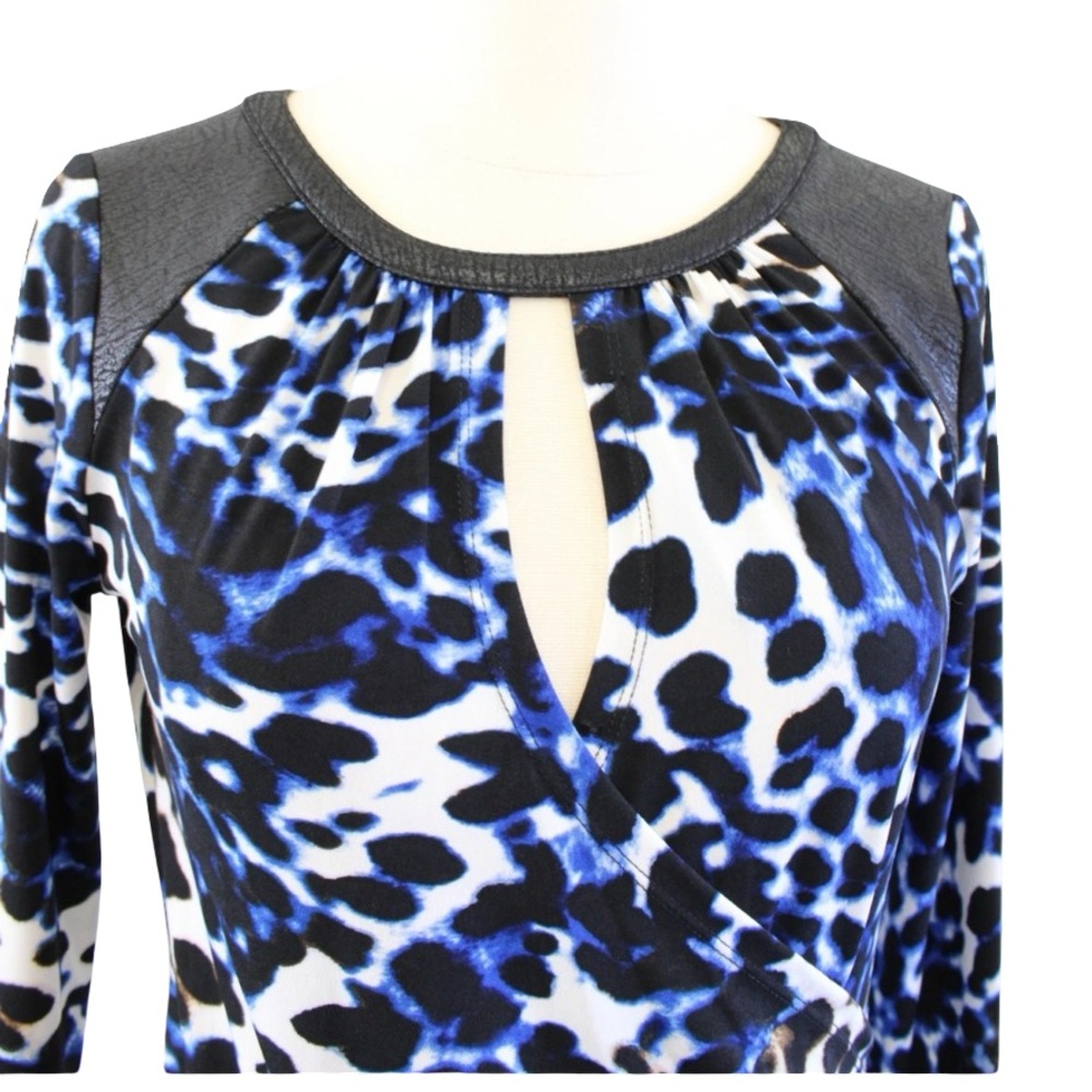 Calvin Klein Cheetah Wrap Dress Women's Large Blue Yellow Cocktail EUC - Picture 2 of 12